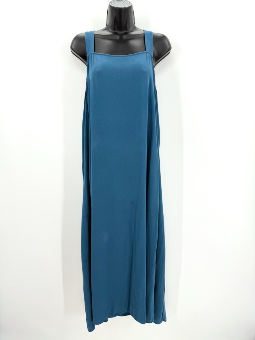 EILEEN FISHER Blue Silk Georgette Crepe Square Neck Maxi Dress Pockets Women M